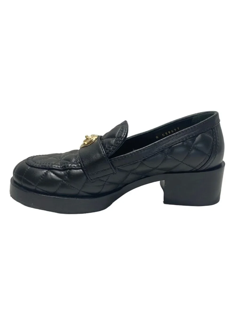 Chanel Loafers Quilted Black Heart Turnlock Gold Platforms
